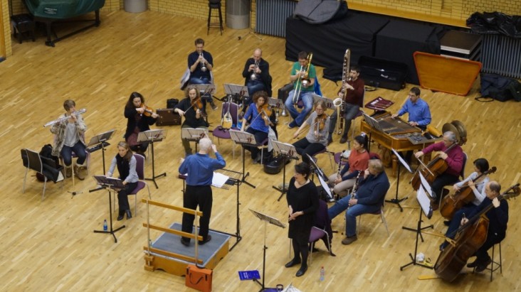 BCMG plus singers Susanna Andersson and Hilary Summers rehearsing Into the Little Hill